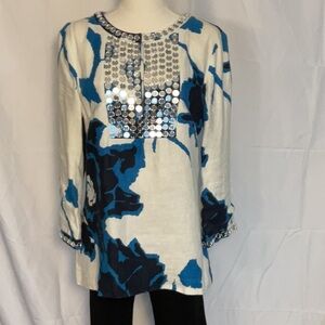 Tory Burch floral Linen tunic w/ sequins size 8